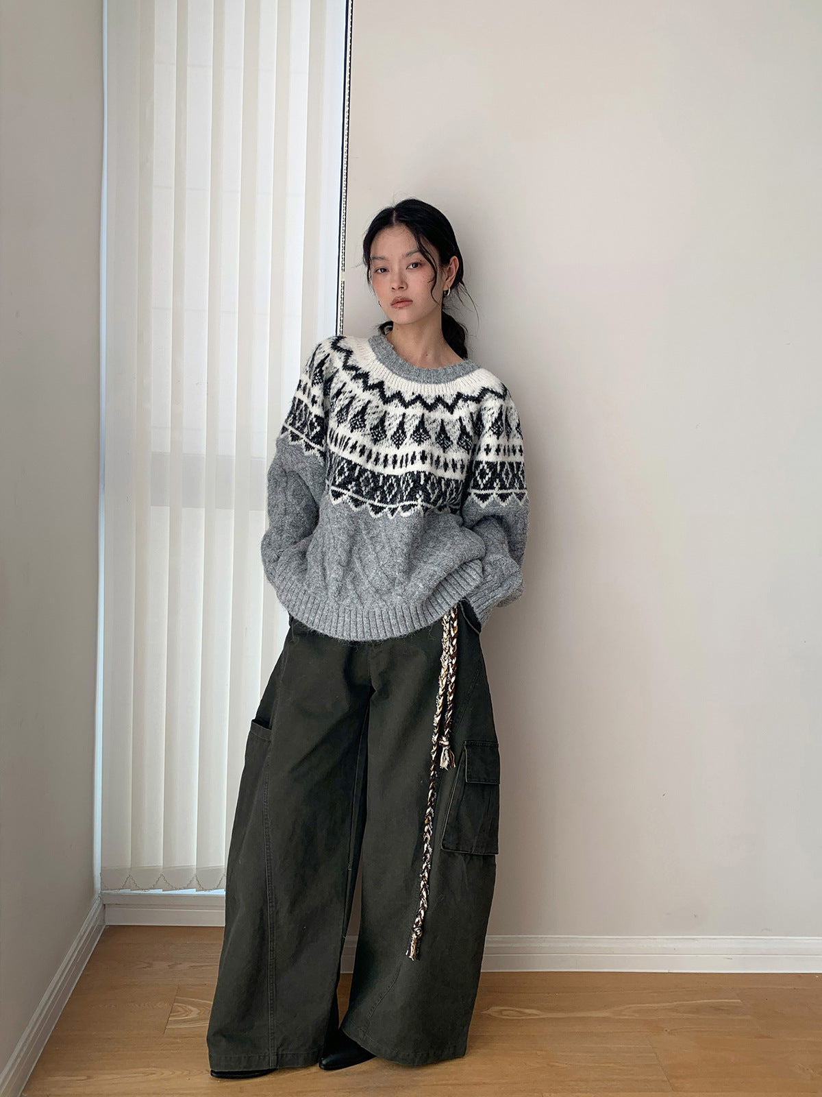 Baggy Wide Leg Cargo Pants with Angled Seam Detail