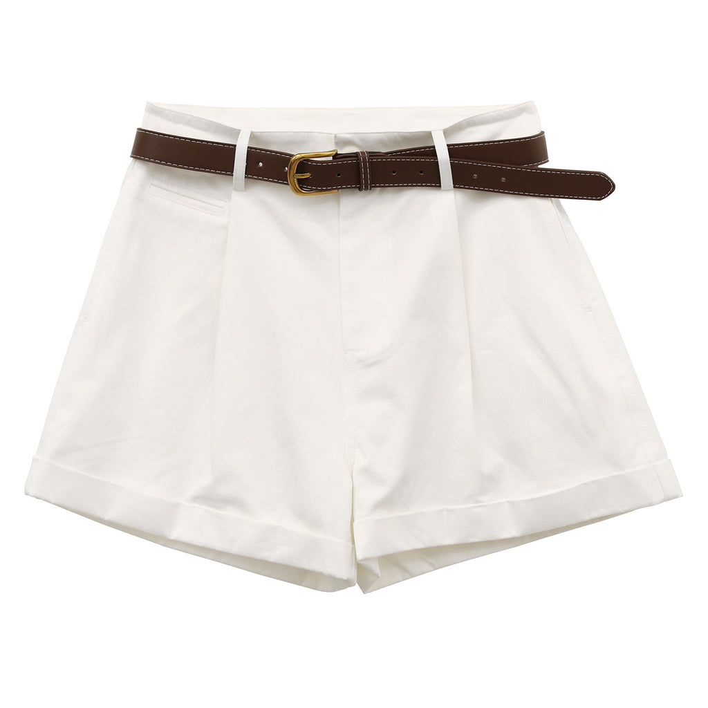 Pleated Mid-rise Rolled Edge Straight Leg Shorts