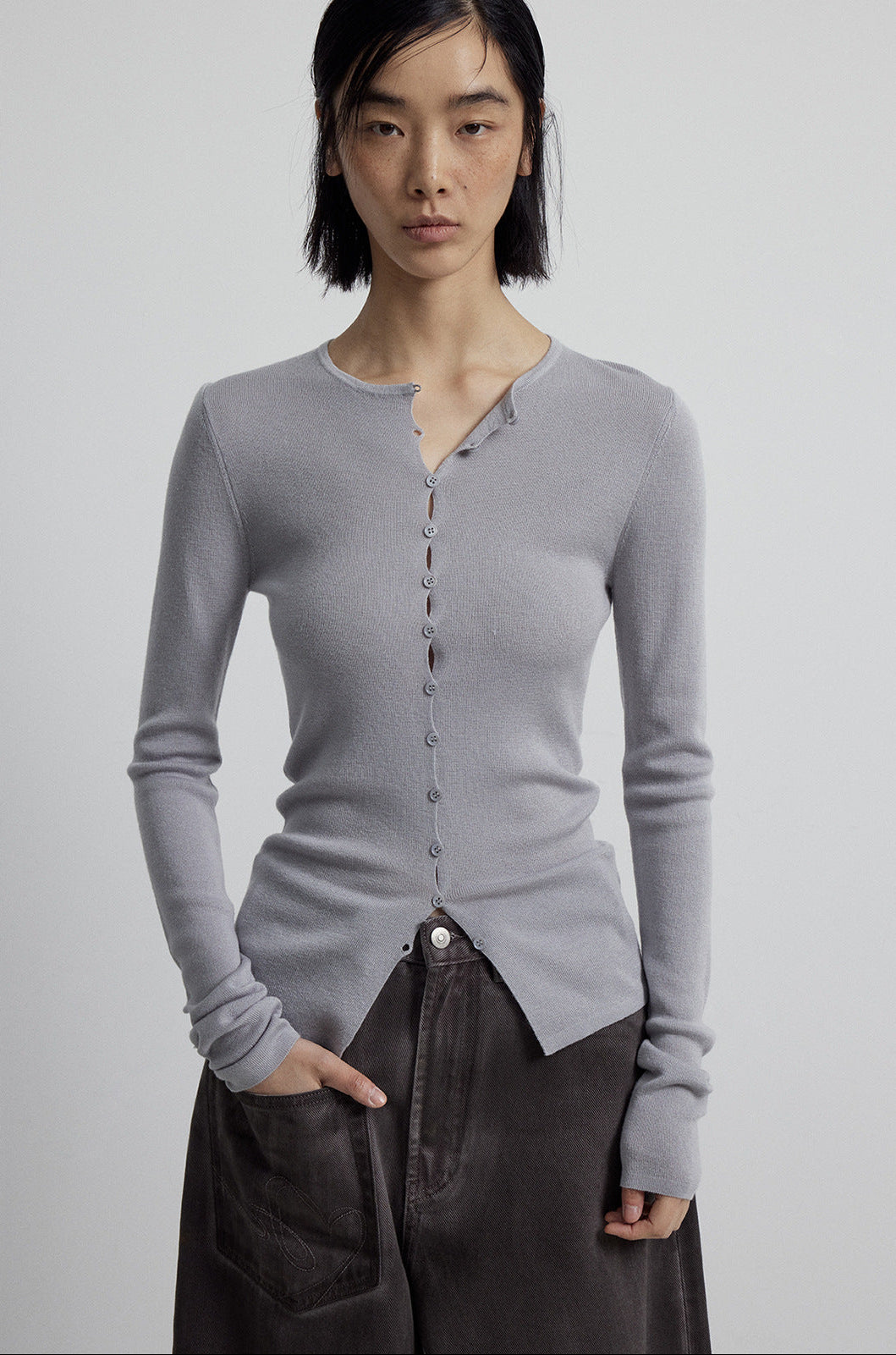 Close-fitting Wool Blend Long-sleeved Knit Single-breasted Cardigan Top