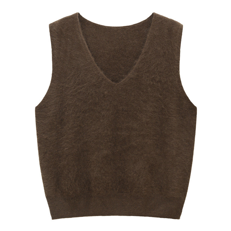 Fuzzy Wool Cashmere V-Neck Sleeveless Sweater Vest