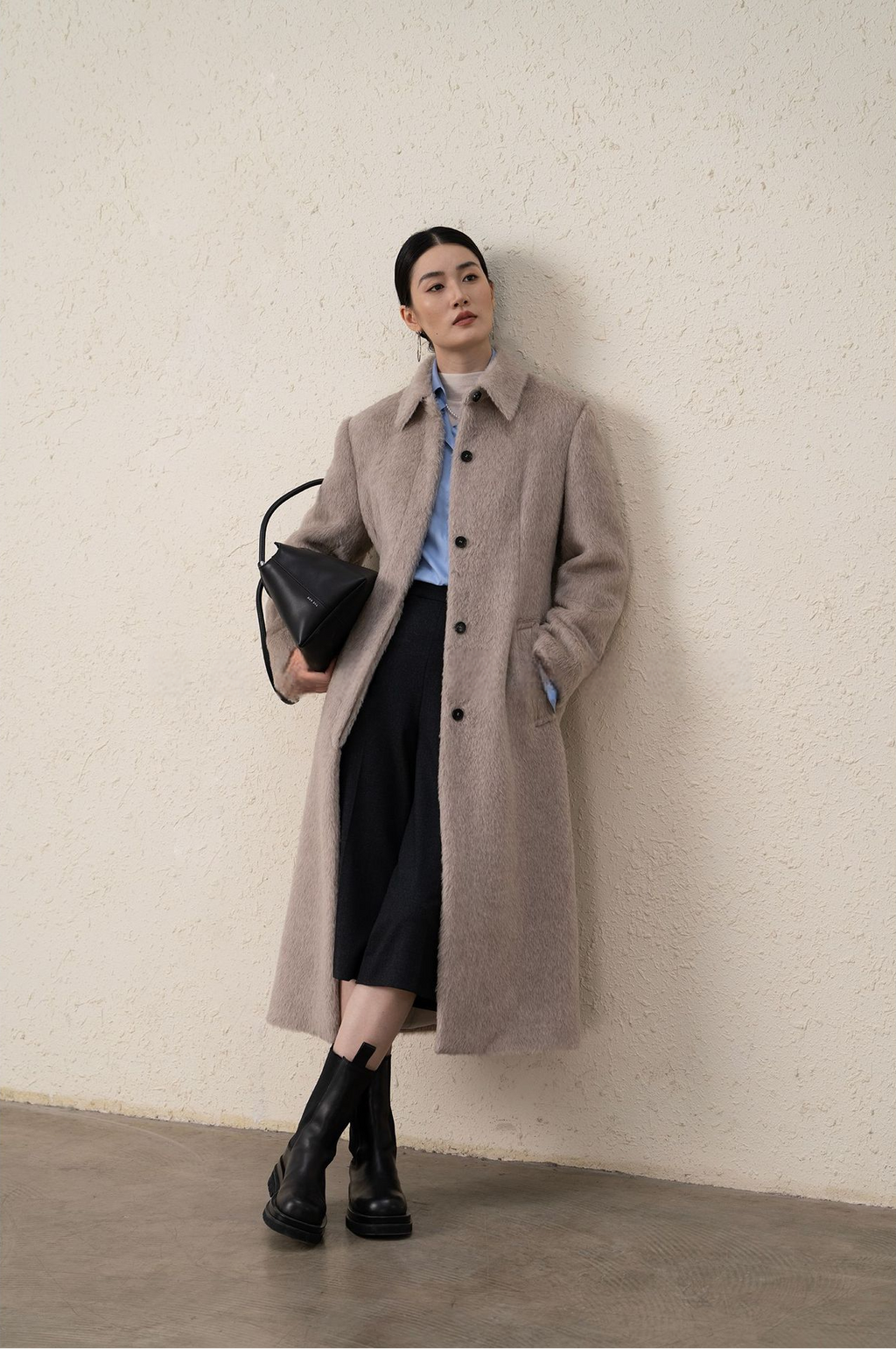 Suri Alpaca & Merino Wool Buttoned Shearling Long Coat