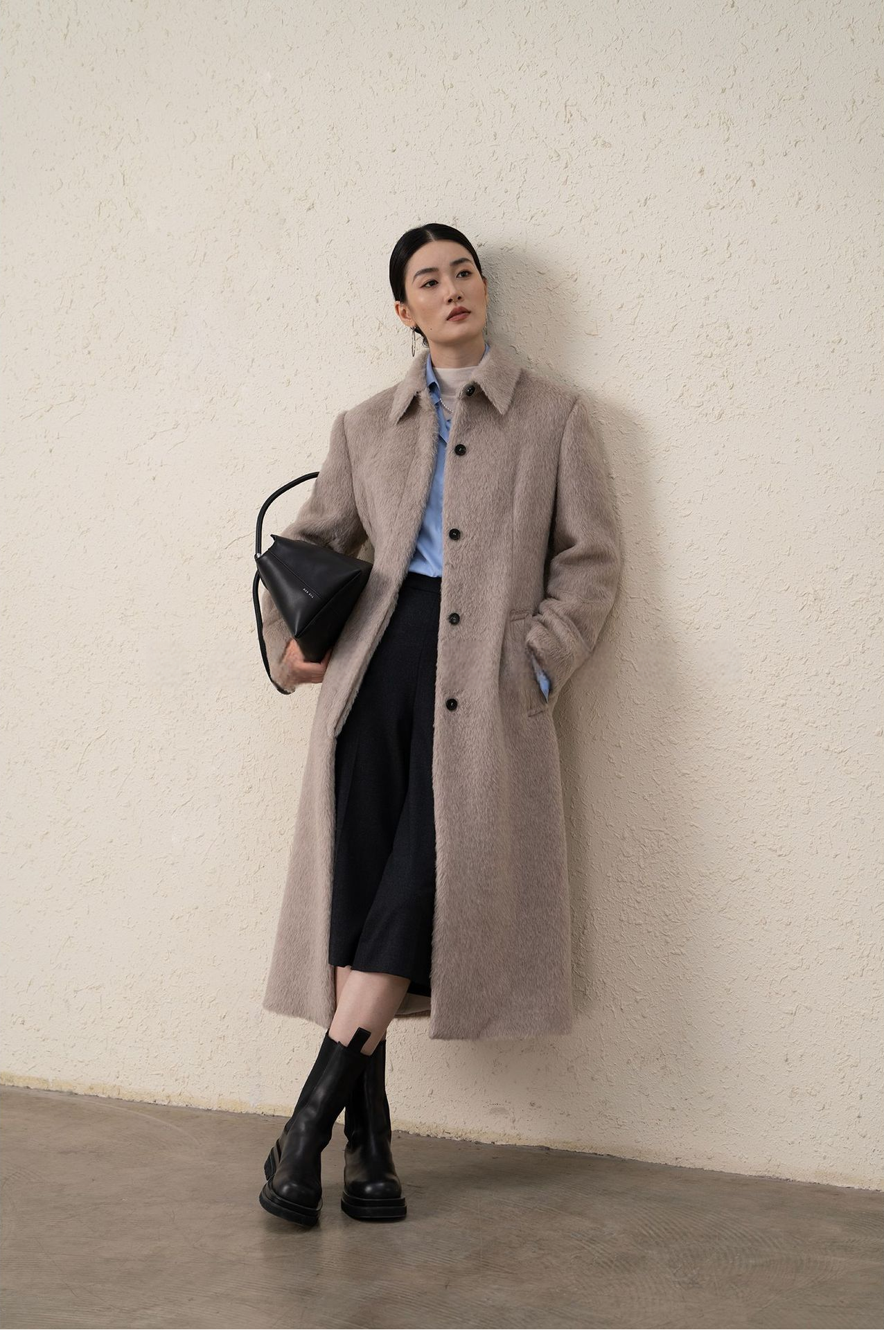 Suri Alpaca & Merino Wool Buttoned Shearling Long Coat