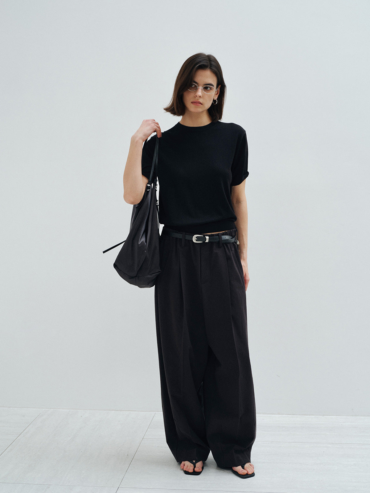 Wool Cotton Elastic Waist Straight Leg Baggy Pants