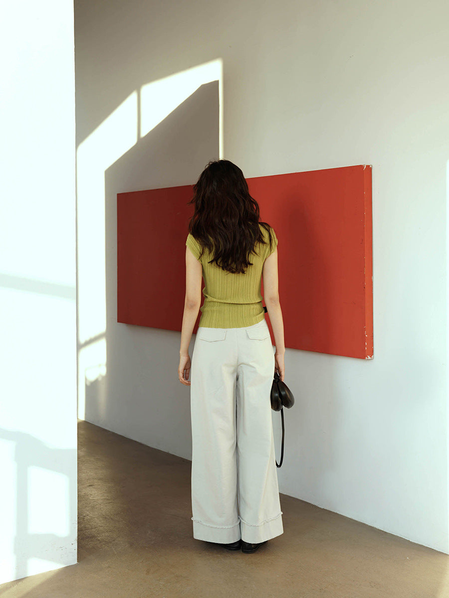 Versatile Frayed Wide-leg Pants with Belt