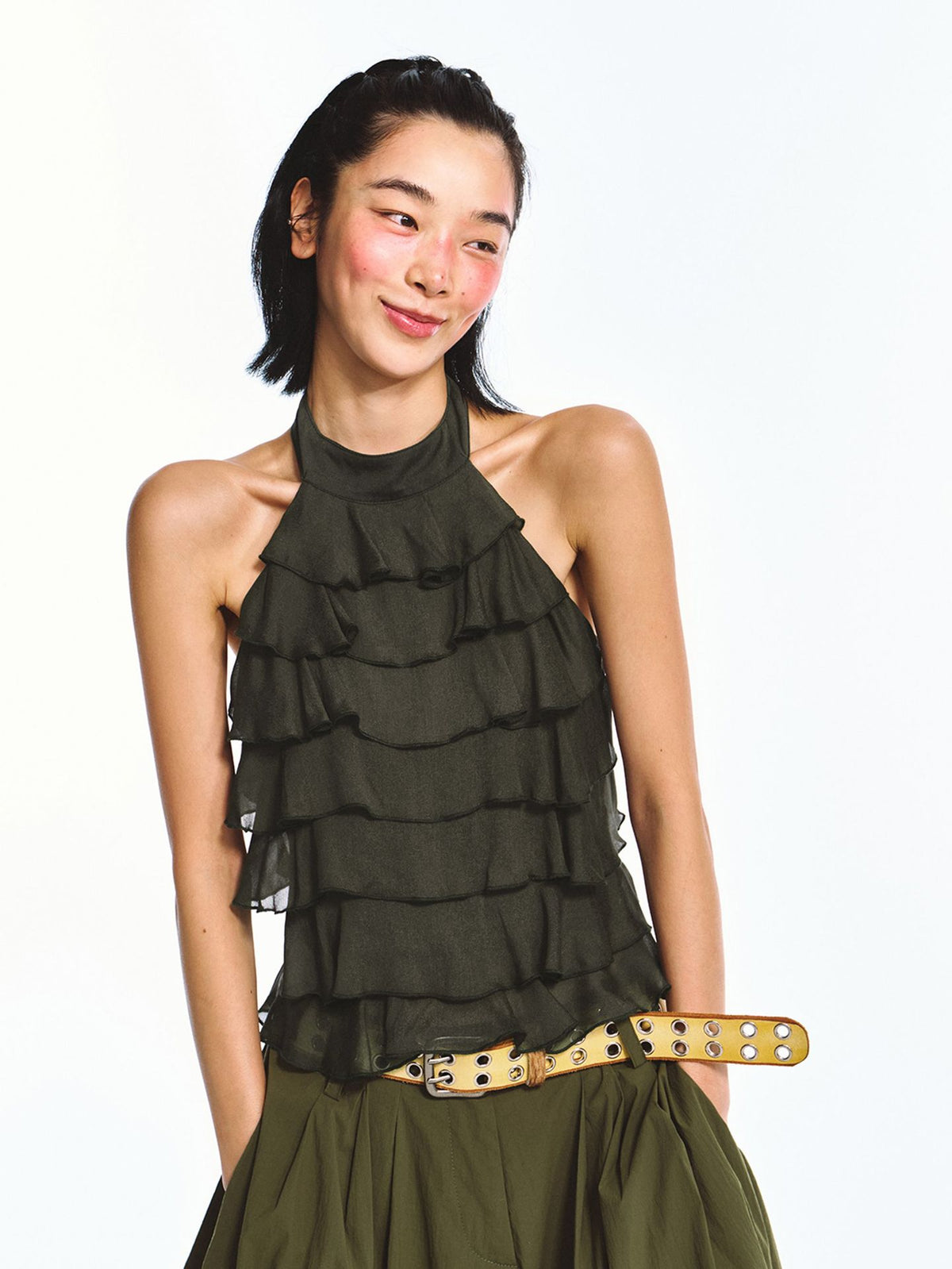 Double Crepe Lace Sleeveless Backless Halter Neck Top