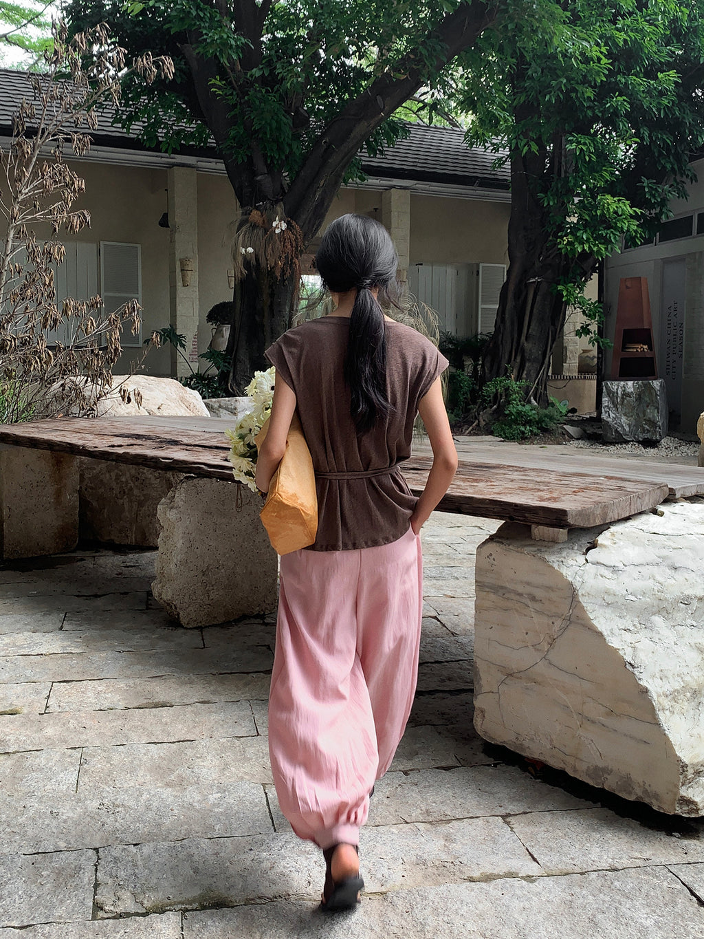 Lyocell High-Waist Pleated Casual Drawstring Lantern Pants