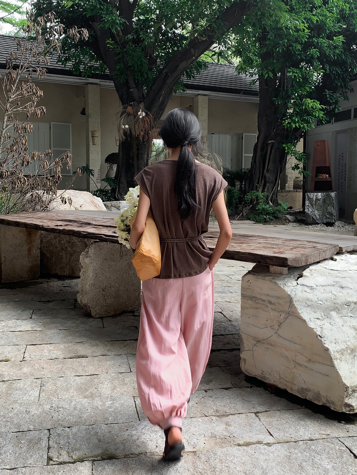 Lyocell High-Waist Pleated Casual Drawstring Lantern Pants