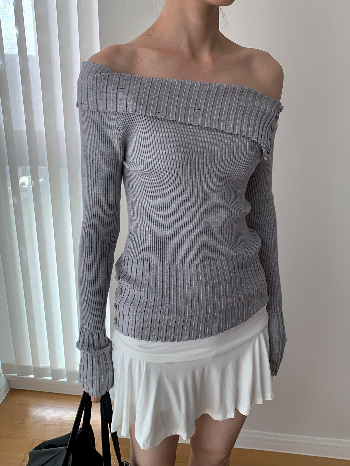 Off-the-shoulder Long Sleeve Knitted Stylish Sweater