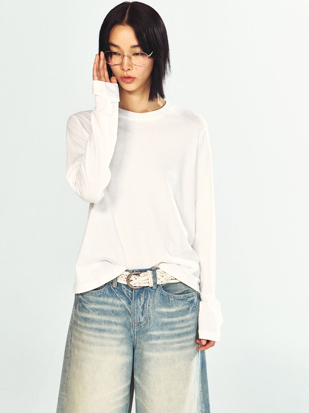Cotton-linen Blend Basic Long-sleeve Round-neck T-shirt