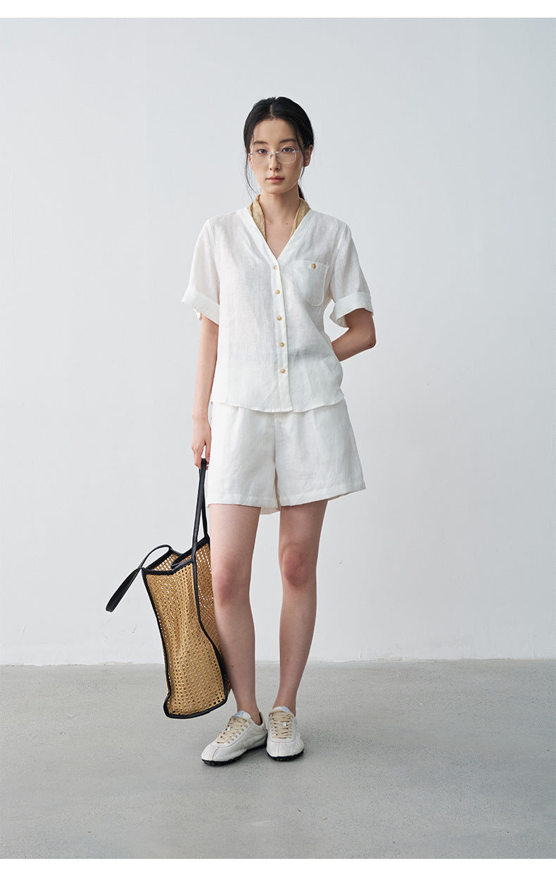 Linen Pleated Straight Casual A-Line Shorts