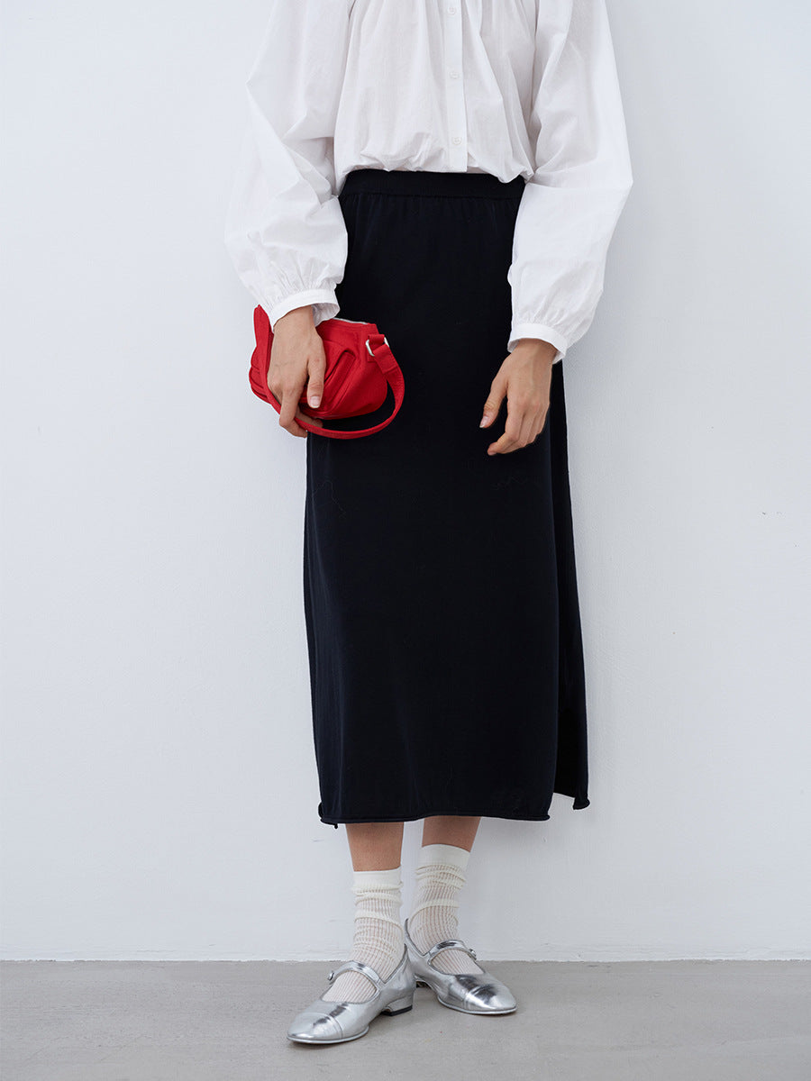 Straight Knit Midi Skirt with Side Slit