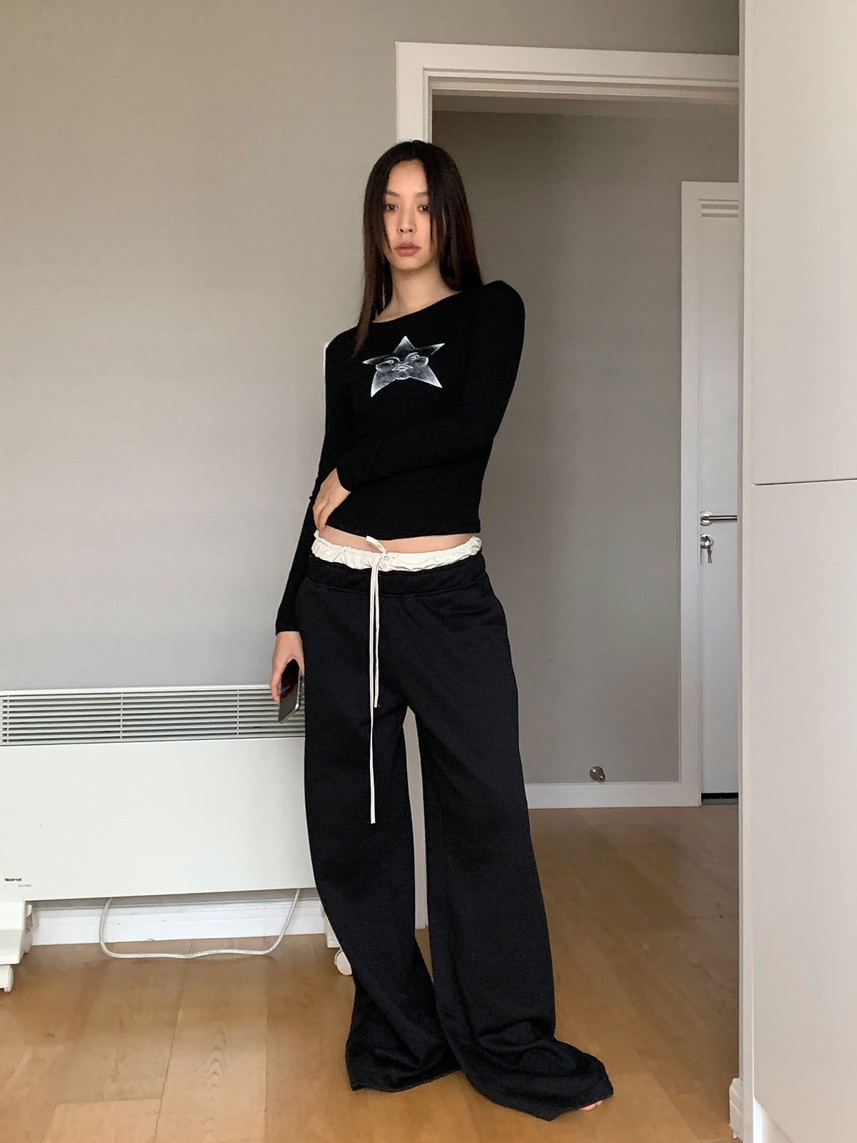Spliced Waist Contrasting Wide-leg Elastic Waist Sweatpants