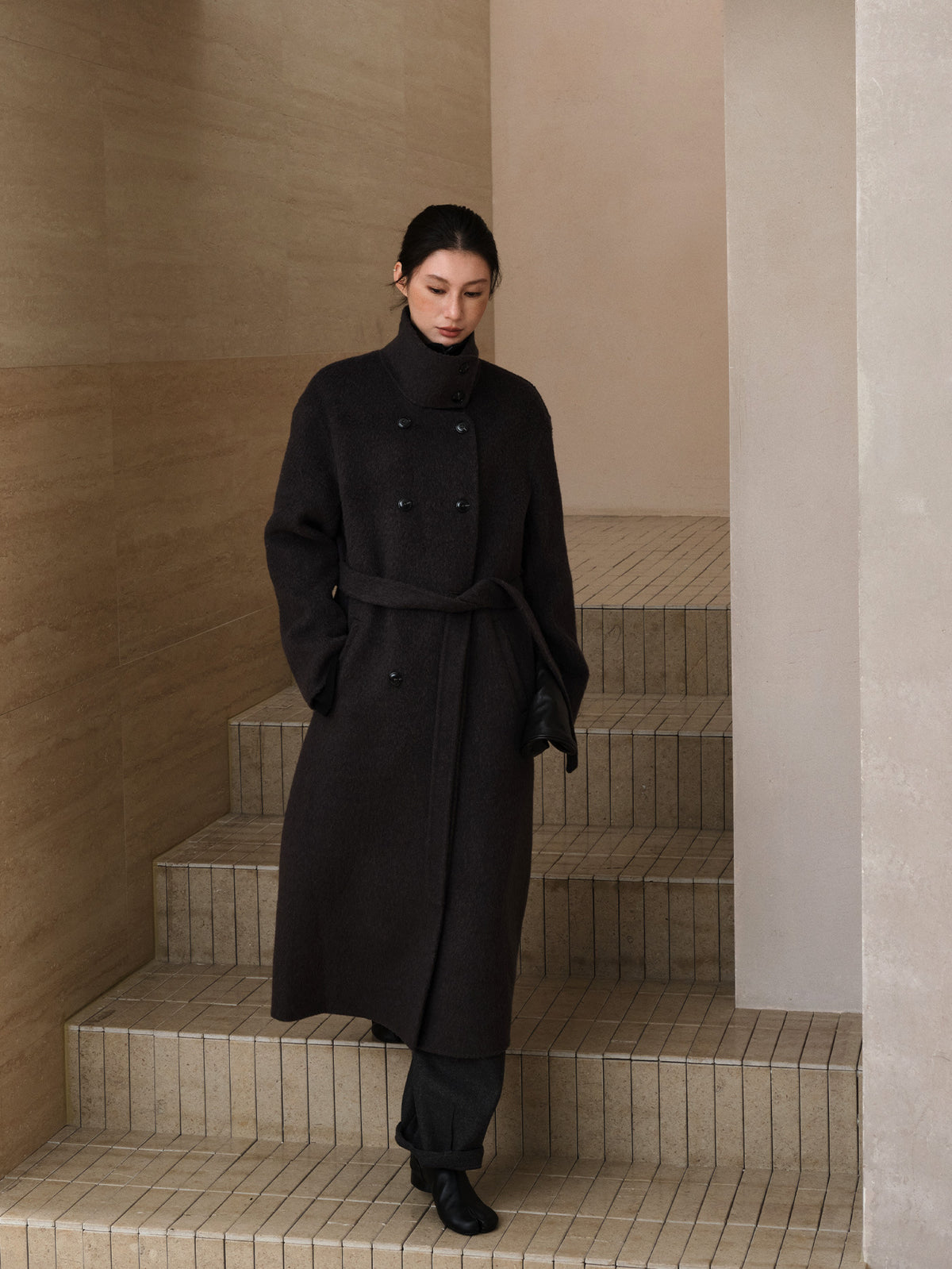 Double-Breasted Long Belt Double-Sided Alpaca Wool Cashmere Coat