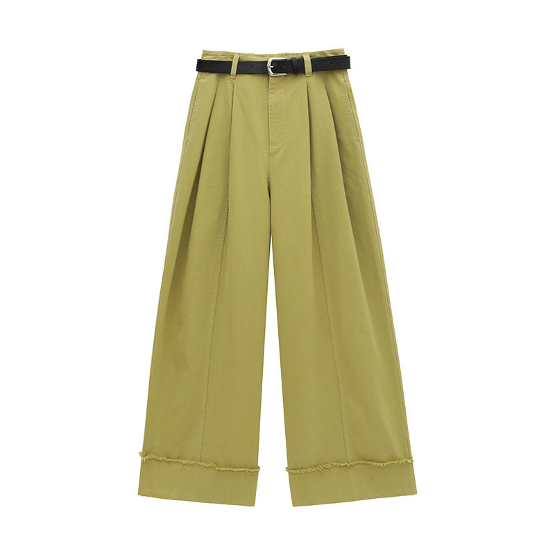 Versatile Frayed Wide-leg Pants with Belt