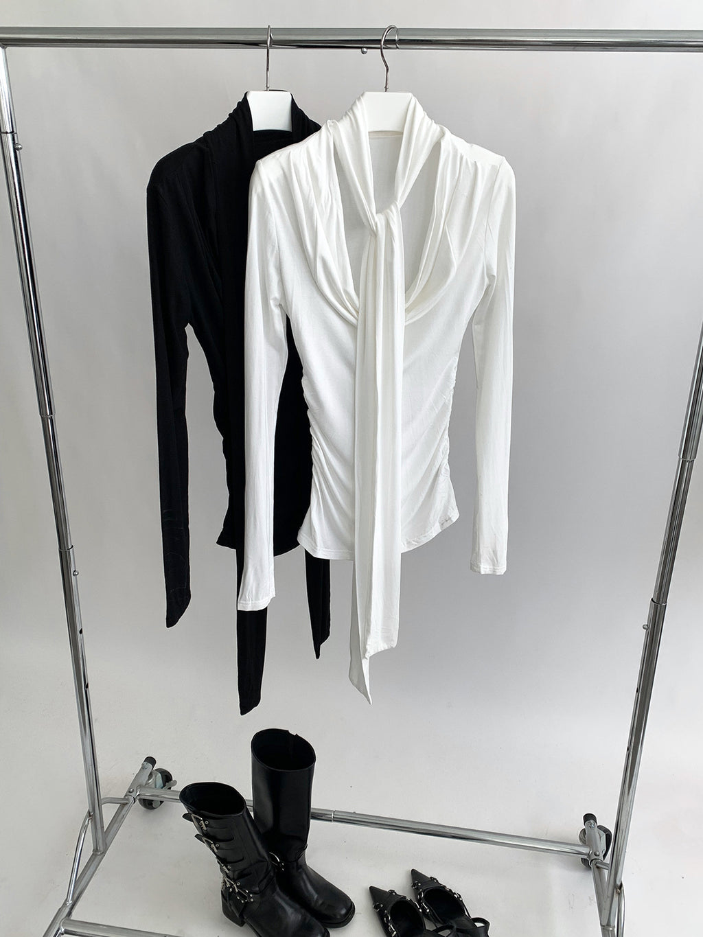 Mock Neck Scarf Drape Cowl Neck Long Sleeve Top