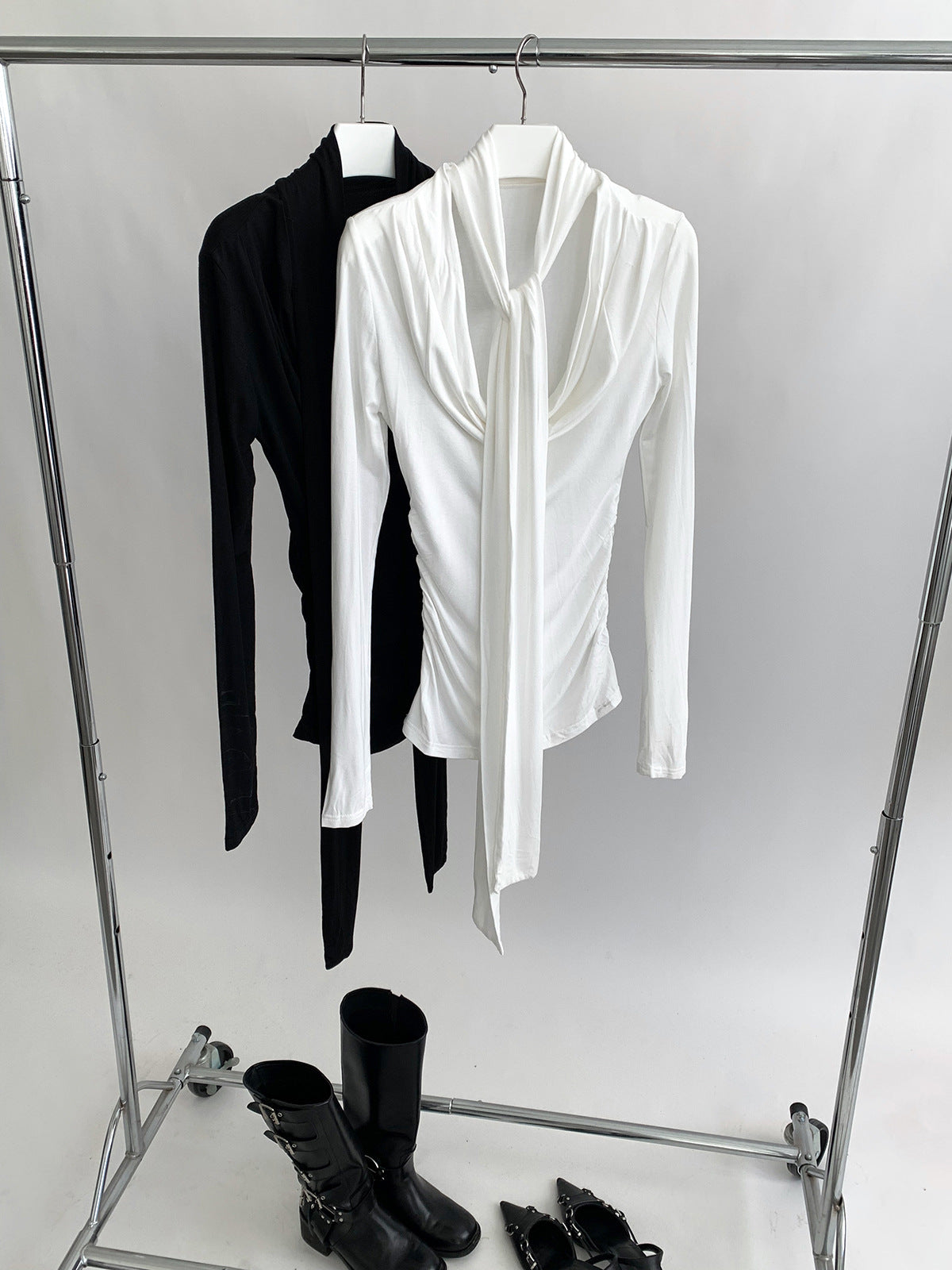 Mock Neck Scarf Drape Cowl Neck Long Sleeve Top