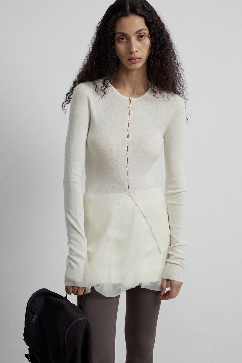 Close-fitting Wool Blend Long-sleeved Knit Single-breasted Cardigan Top