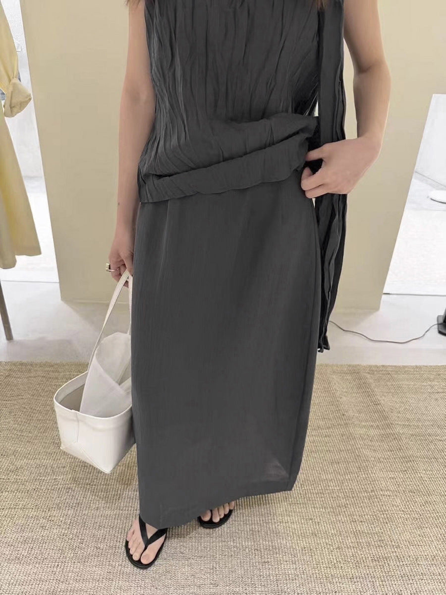 Breathable Elastic Waist Pleated Bud Half Maxi Skirt