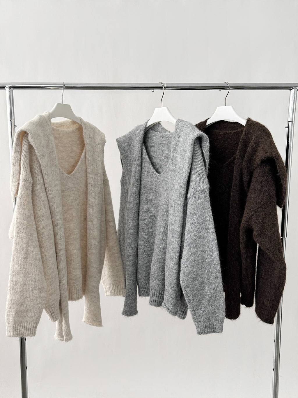 Fluffy V-Neck Knit Sweater with Scarf