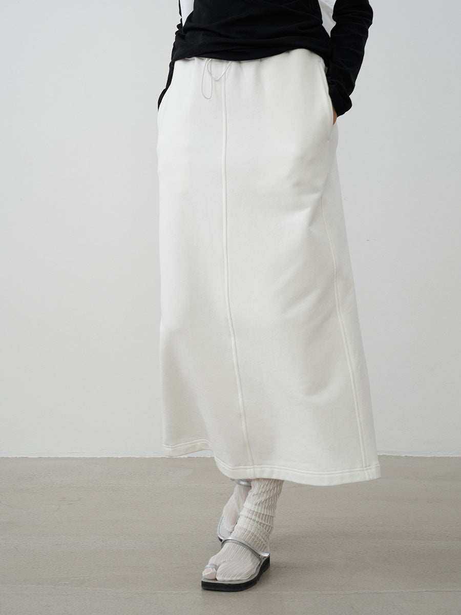 Pure Cotton Elastic Waist Slit Casual Midi Skirt