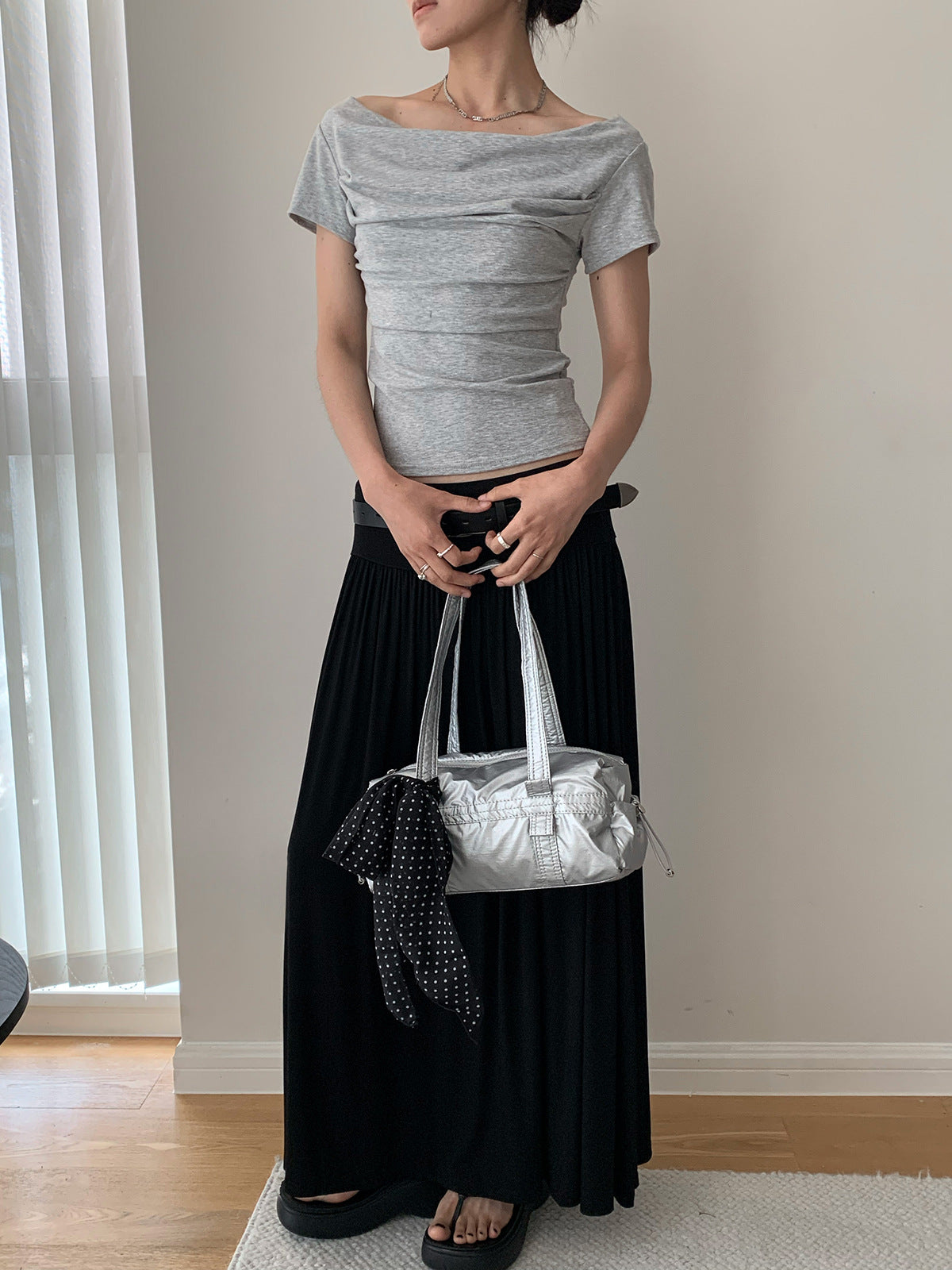 Draped Boat Neck Ruched Fitted T-Shirt