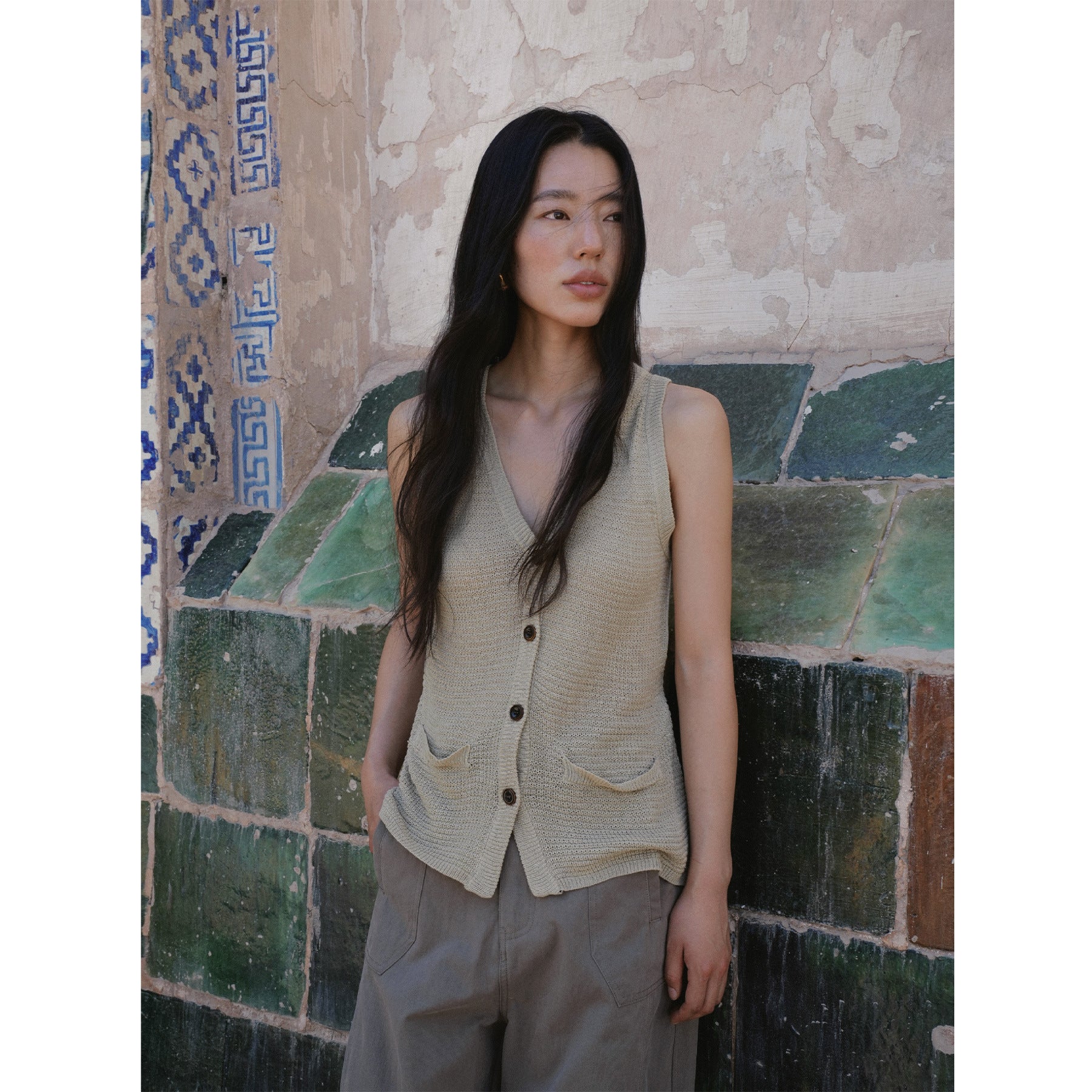 Knitted Patchwork Cardigan Vest