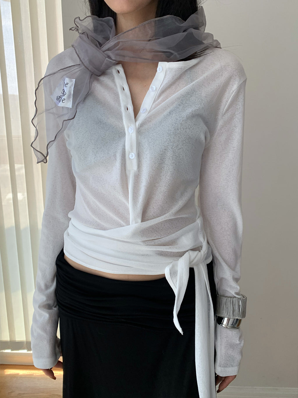 Lightweight Sheer Slim Fit Strap Long Sleeve Cardigan T-shirt with Half Neck Button