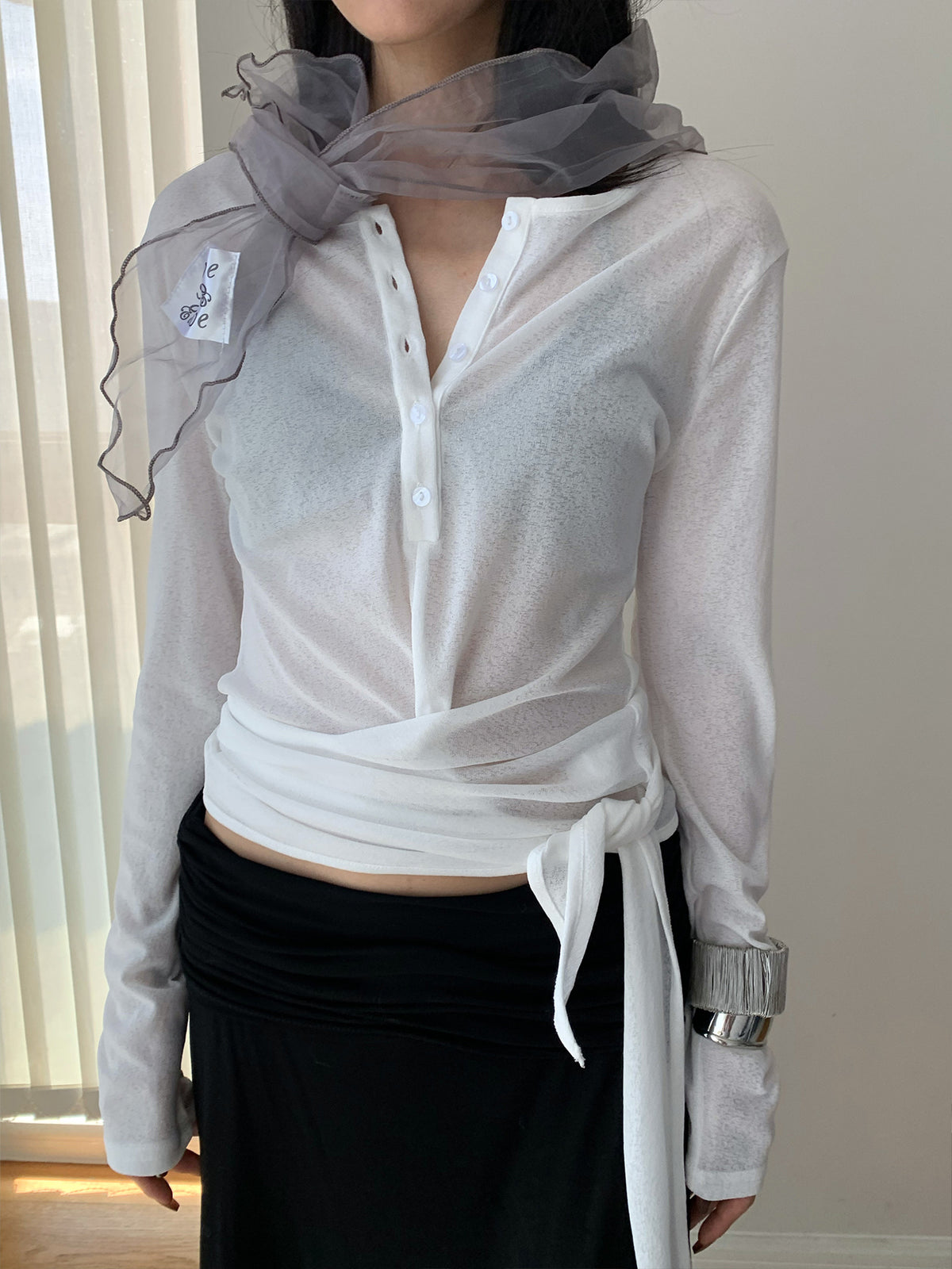 Lightweight Sheer Slim Fit Strap Long Sleeve Cardigan T-shirt with Half Neck Button