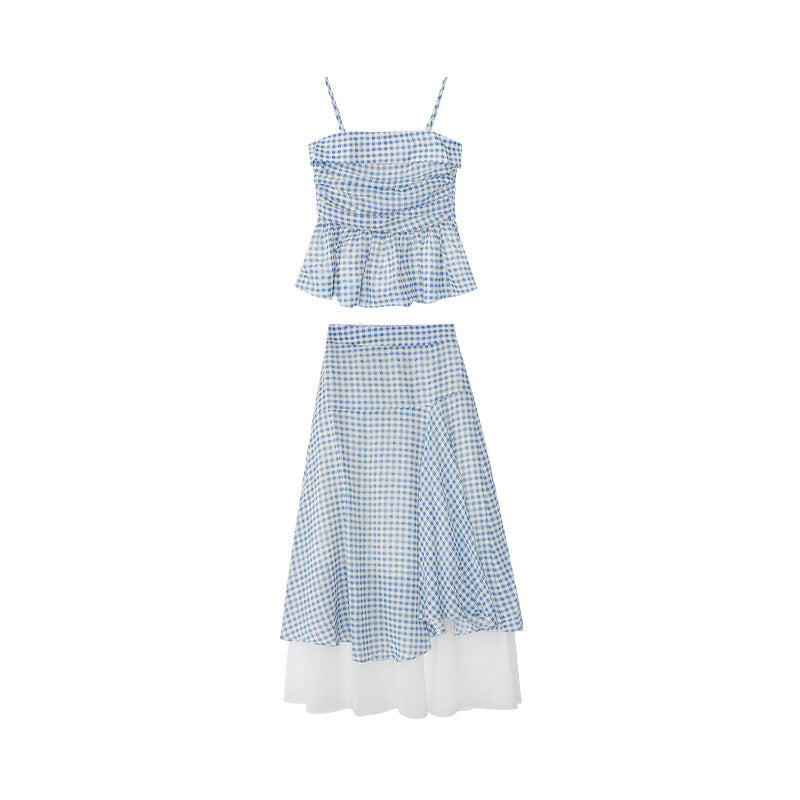 Gingham Peplum Cami Top & Layered Maxi Skirt Set