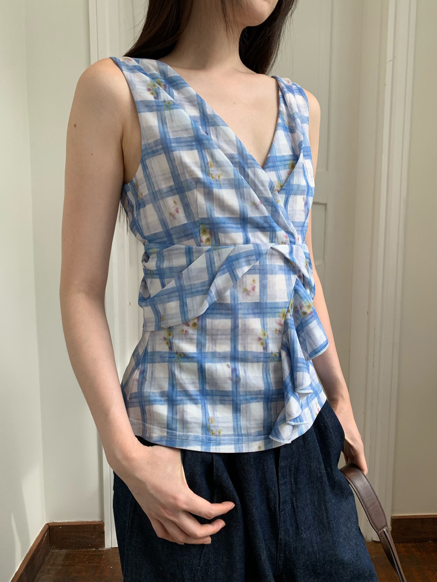 Plaid Wrap Tie Sleeveless Blouse