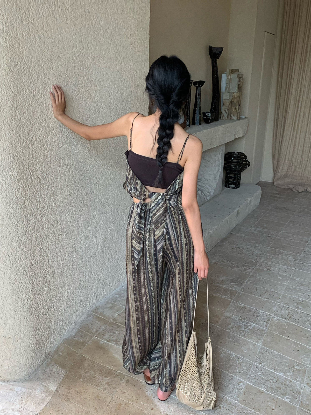 Seaside Vacation Style Backless Tie-Up Strap Top