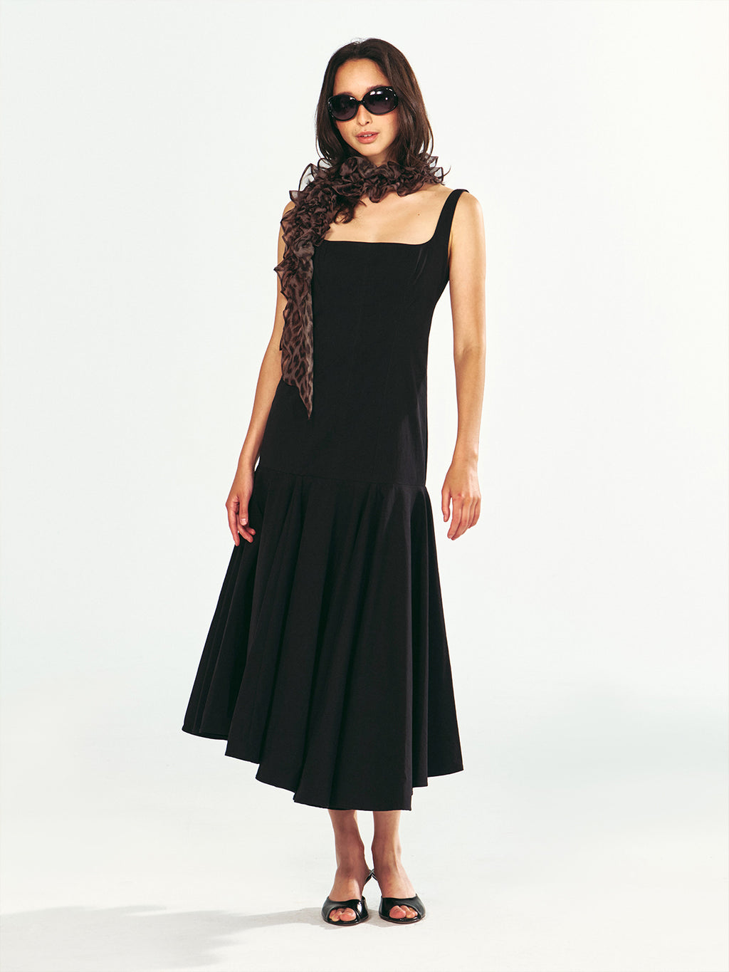 Square-Neck Fitted Bodice Midi Dress with Gathered Flare Skirt