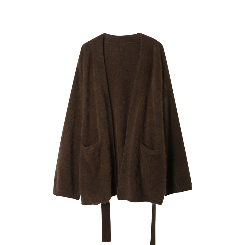Brown Soft Fleece Mid-Thigh Long Cardigan Sweater Robe on a white background
