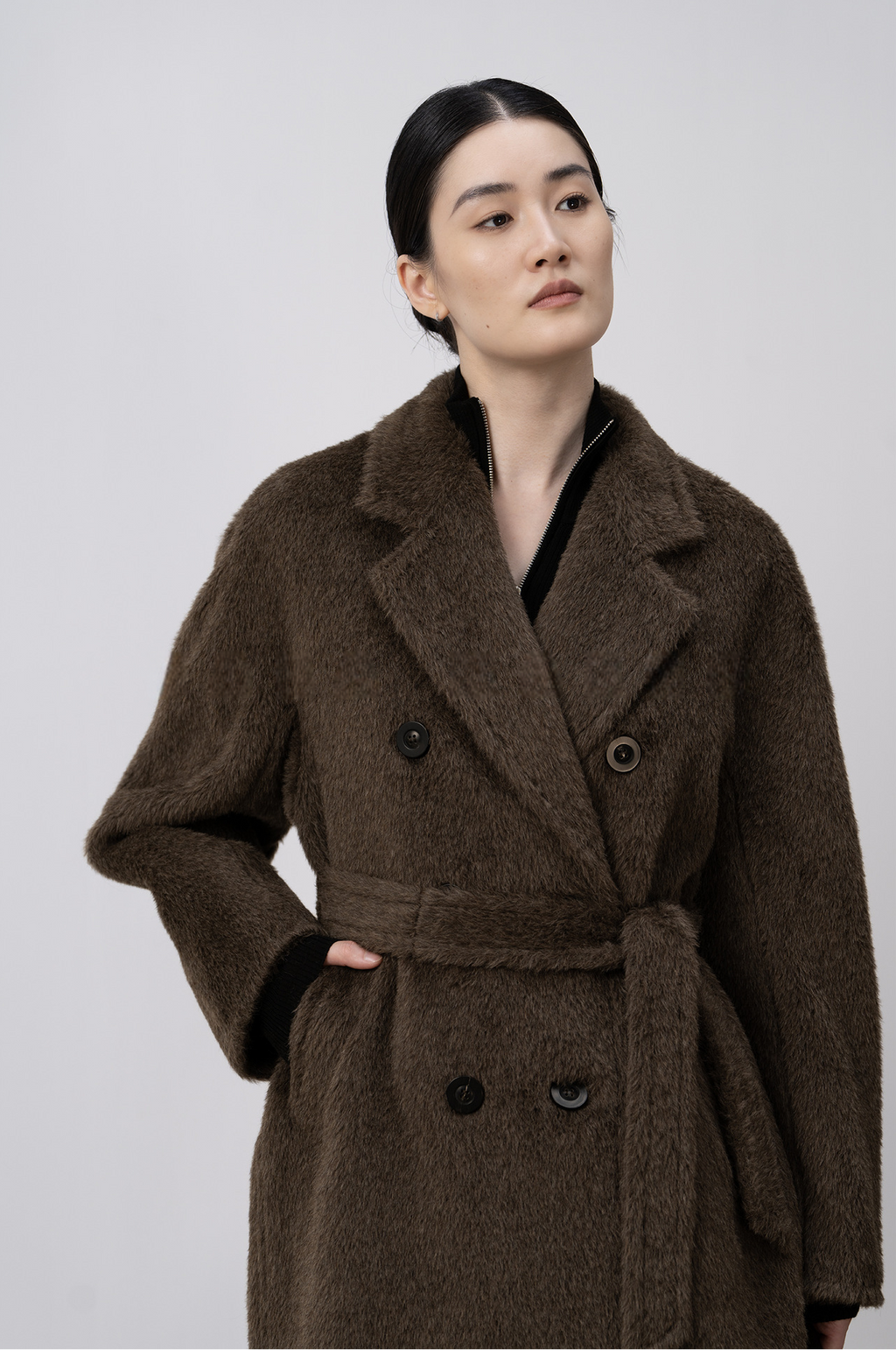 Merino Wool Fluffy Belted Long Coat