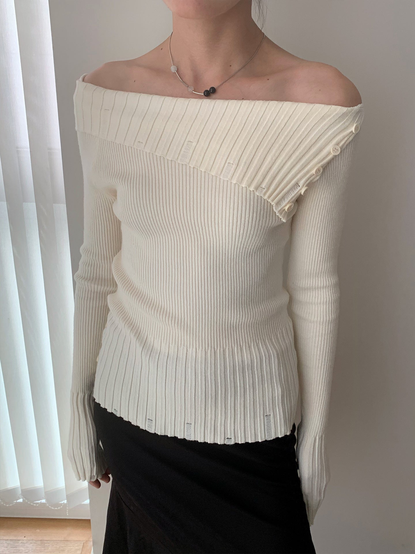 Off-the-shoulder Long Sleeve Knitted Stylish Sweater