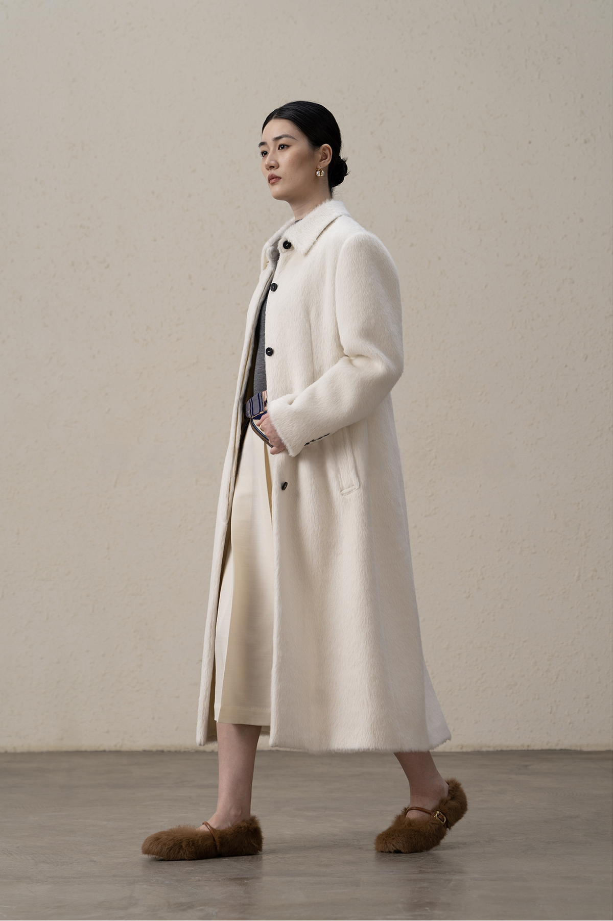 Suri Alpaca & Merino Wool Buttoned Shearling Long Coat