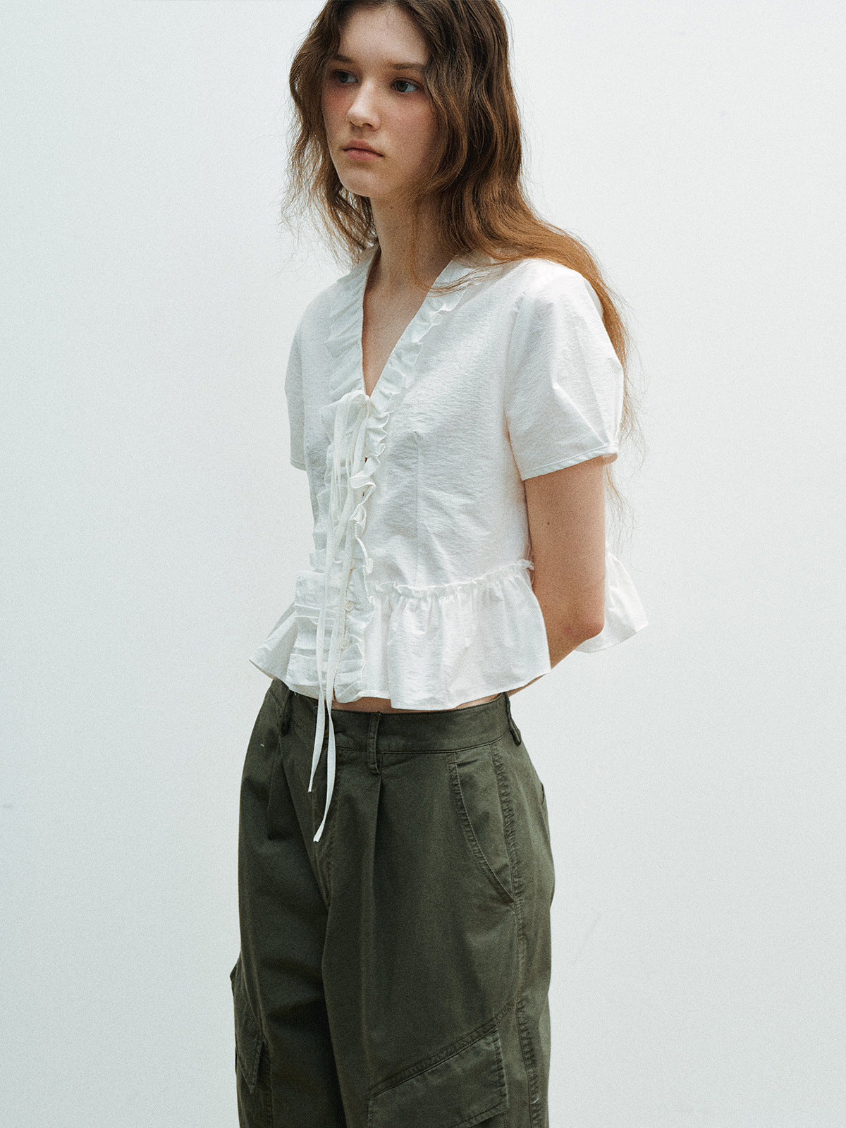 Ruffle V-Neck Short Cardigan Tie Top
