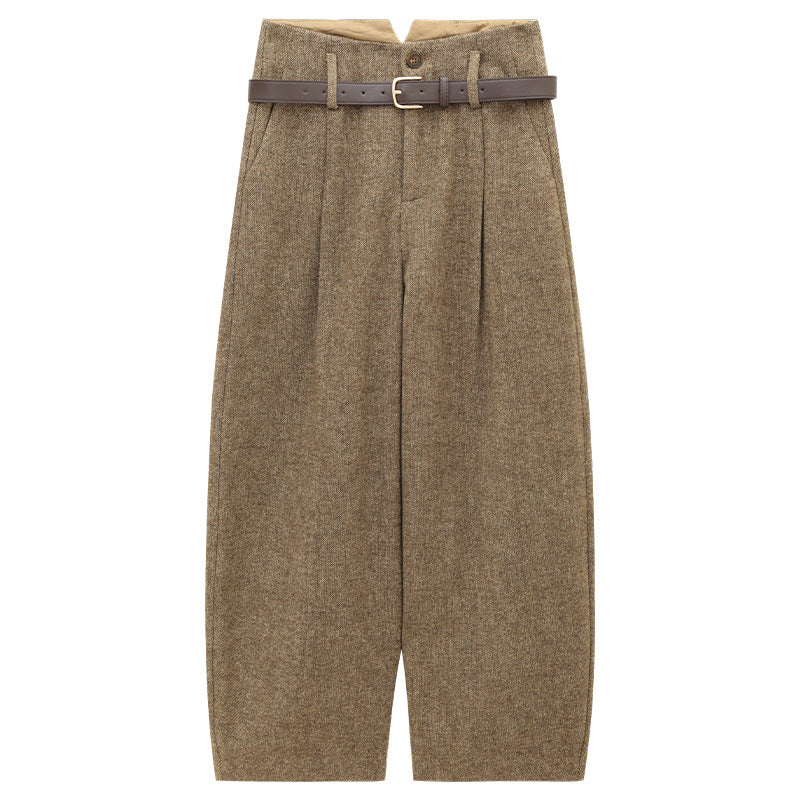 Smooth Minimalist Tweed Style Wool Pants with Belts