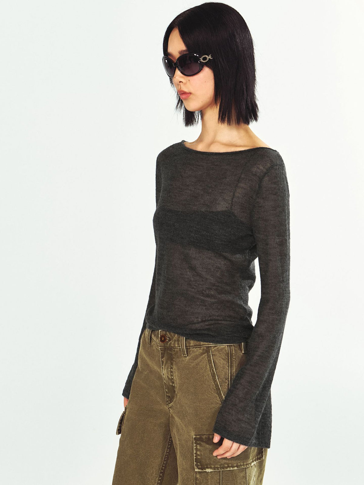 Ultra-fine Sheer Long-sleeve Boat-neck Knit Top
