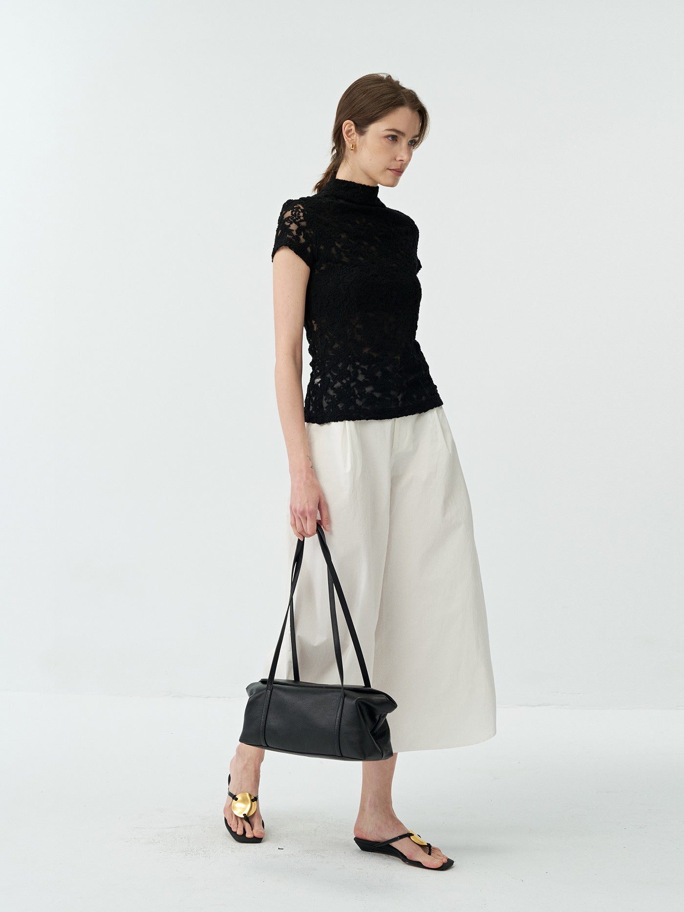 Lace Stand-collar Cut-out T-shirt Top