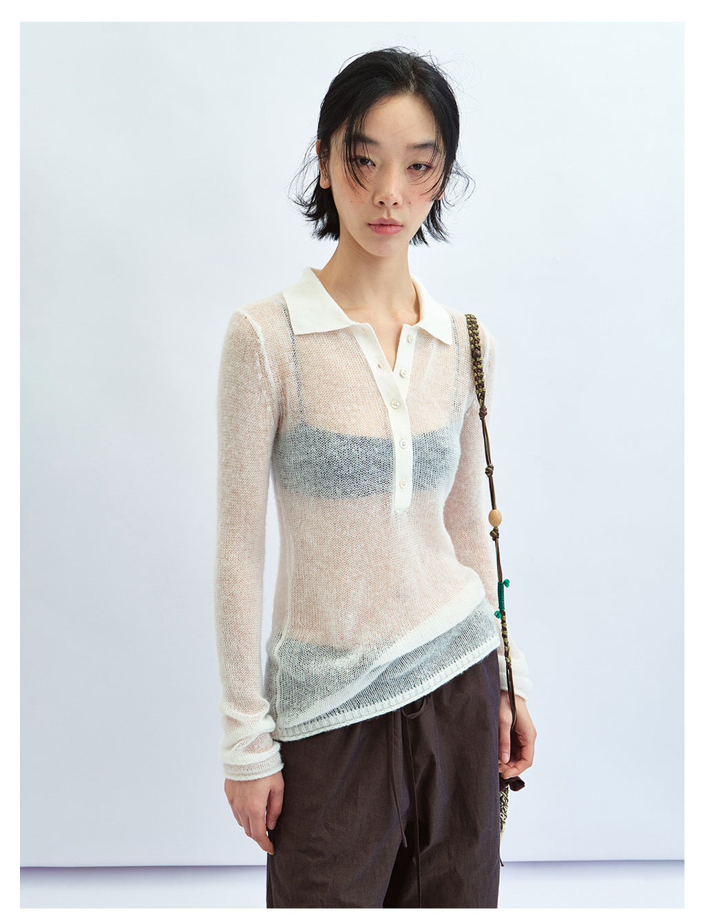 Sheer Layering Polo Collar Wool Knit Top