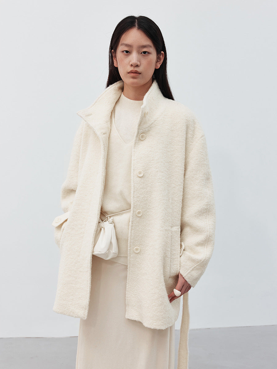 Solid Color Alpaca Warm Wool Coat with Waist Belt