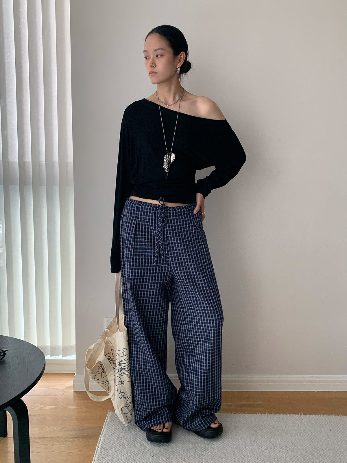 Drawstring Plaid Wide-leg Low-rise Pants
