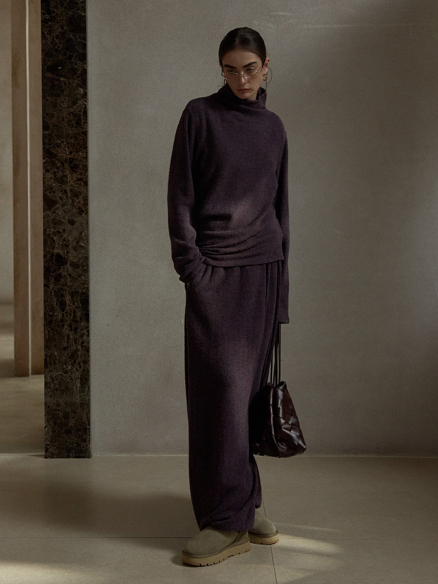 Asymmetrical Drawstring Waistband Soft Textured Wide-Leg Pants