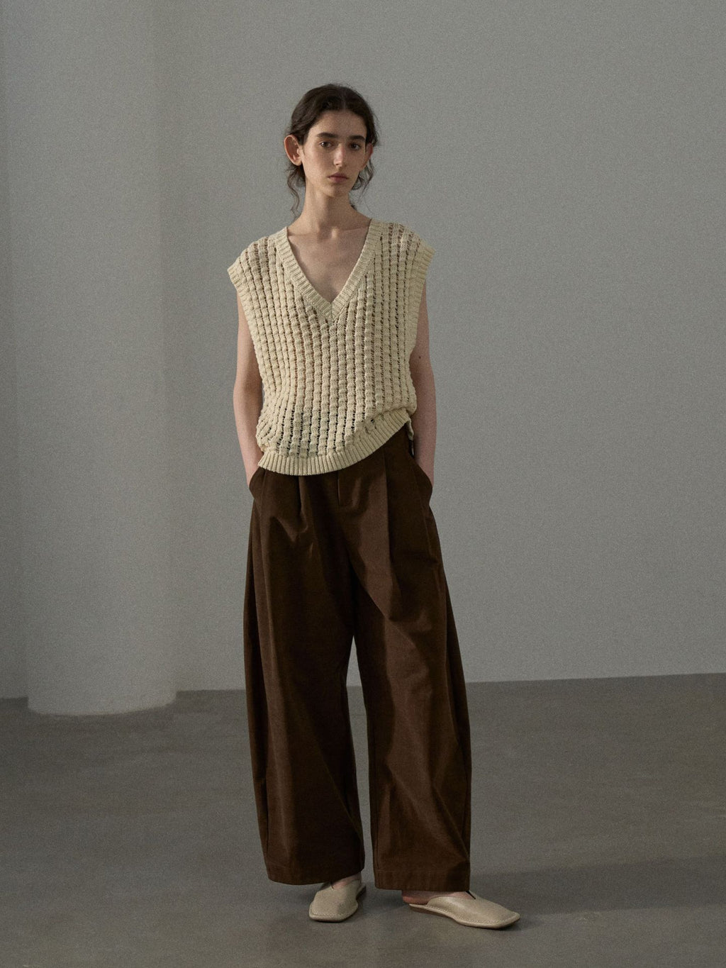 High-waisted Cotton Brushed Curved Baggy Pleated Pants