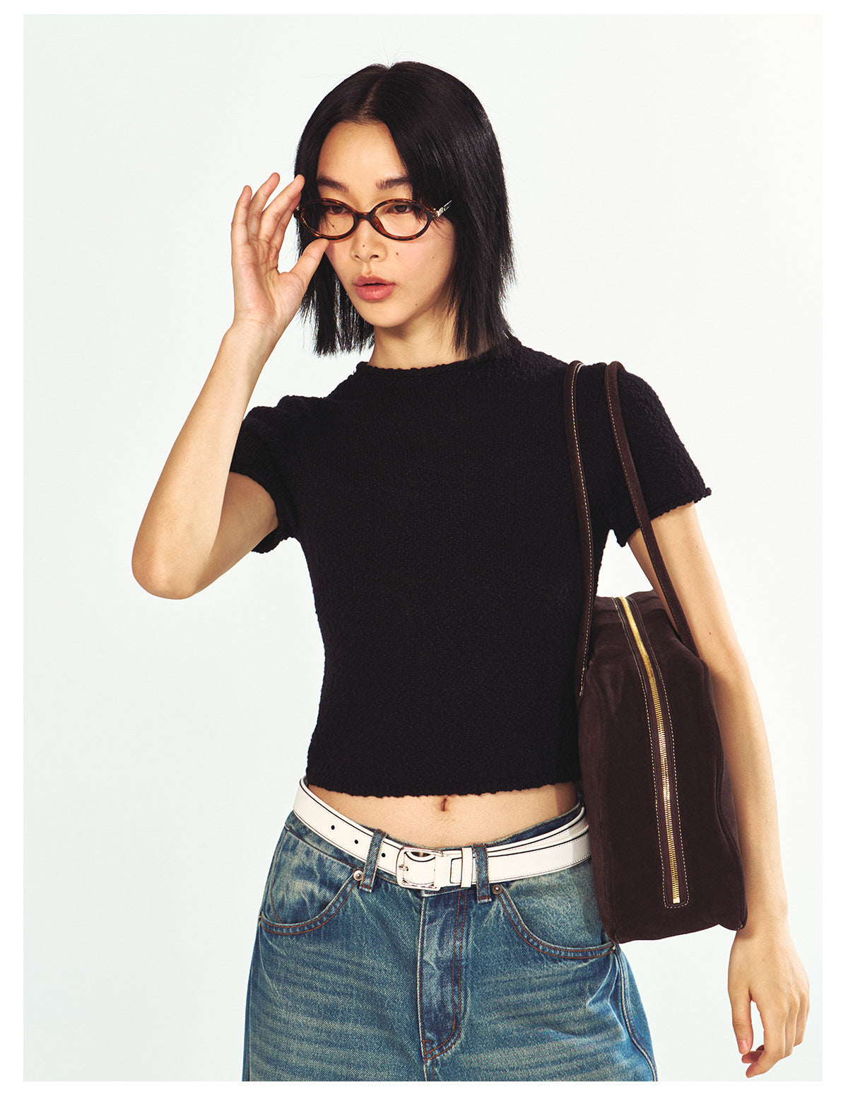Textured Cotton Half-turtleneck Short-sleeve Knit t-Shirt
