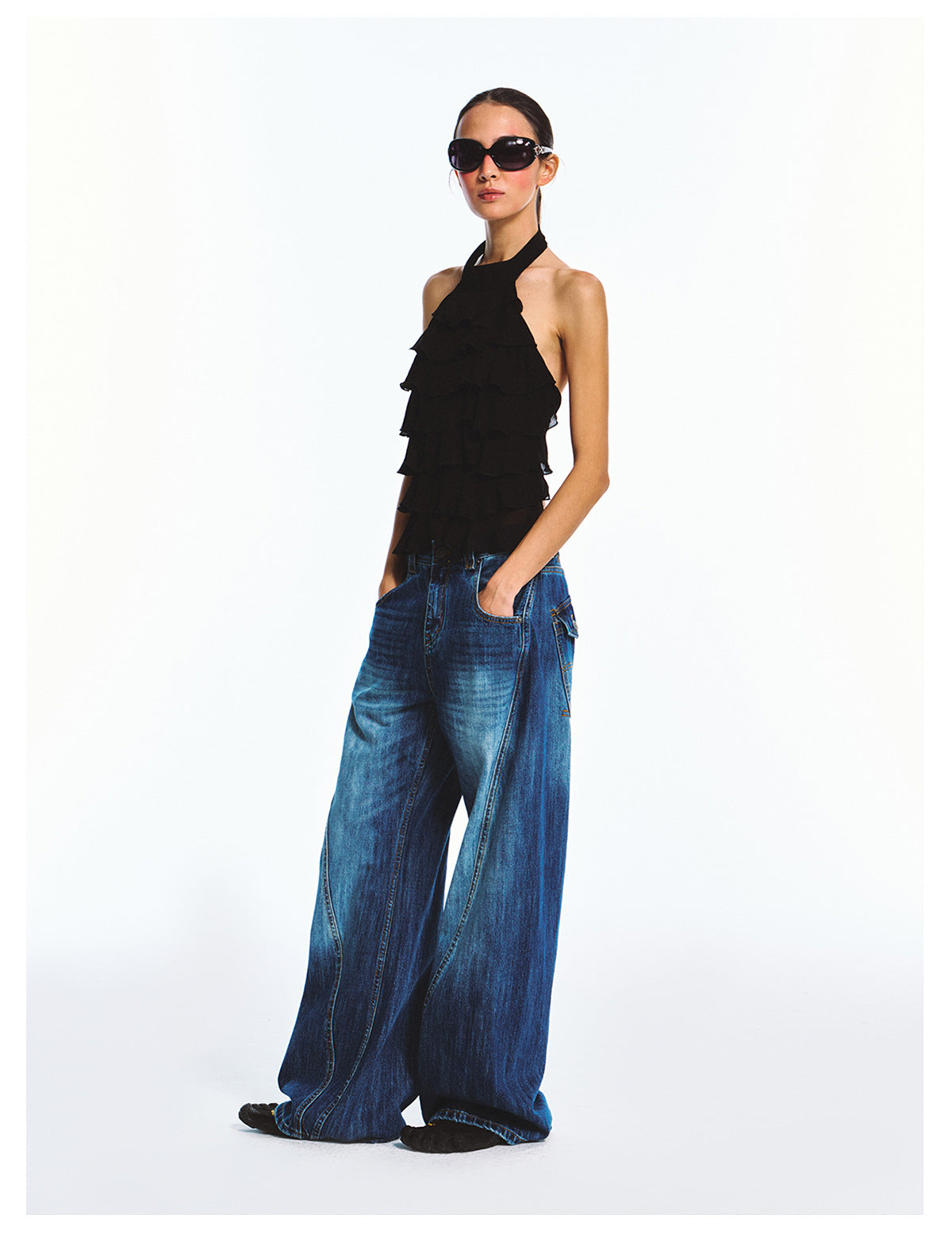 Double Crepe Lace Sleeveless Backless Halter Neck Top