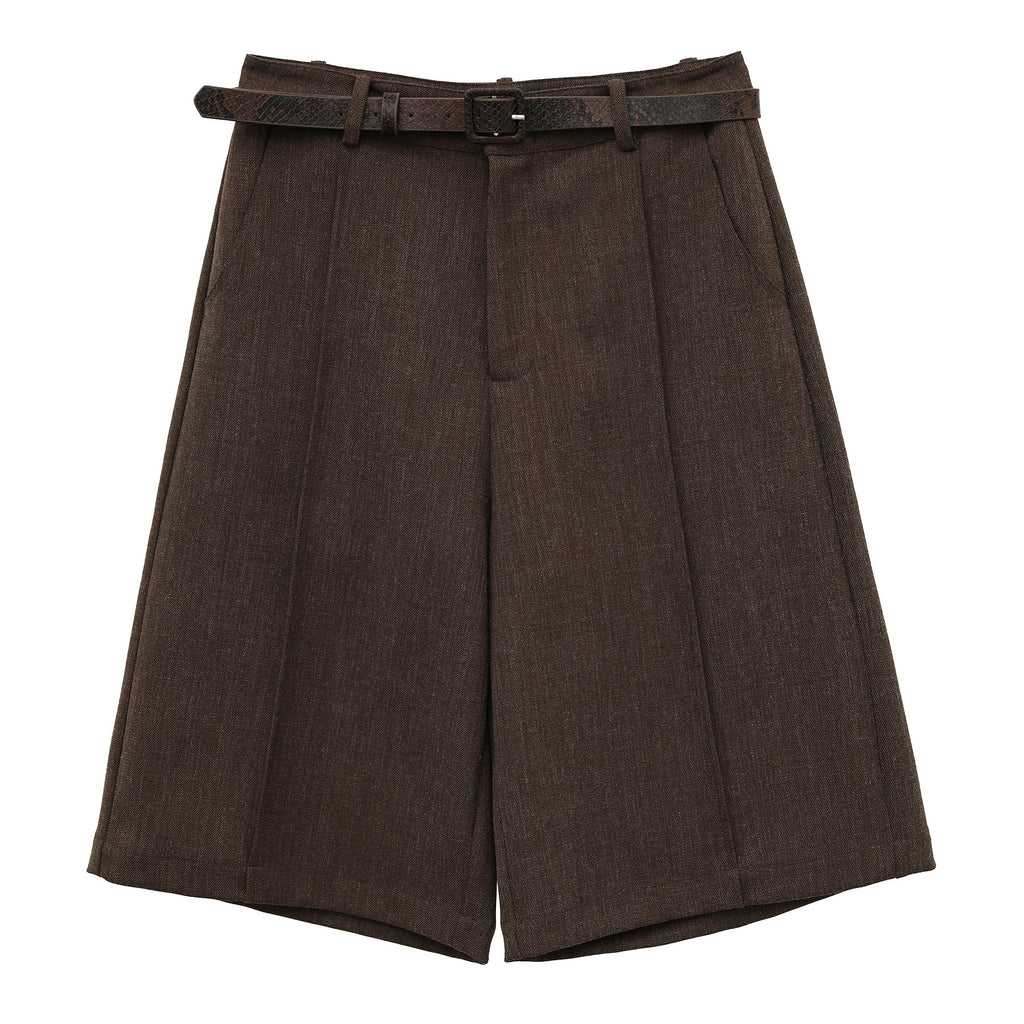 High-Waist Pleated Straight-Leg Blazer Shorts with Belt