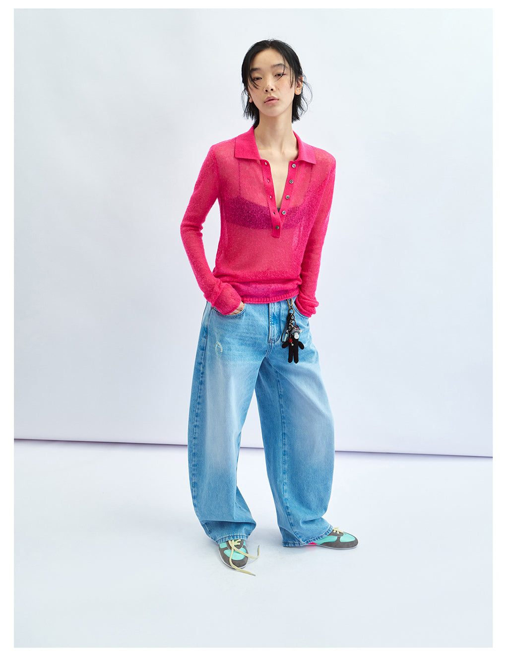 Sheer Layering Polo Collar Wool Knit Top