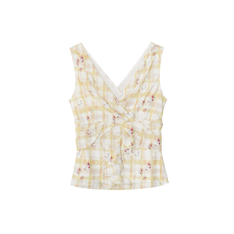 Plaid Wrap Tie Sleeveless Blouse